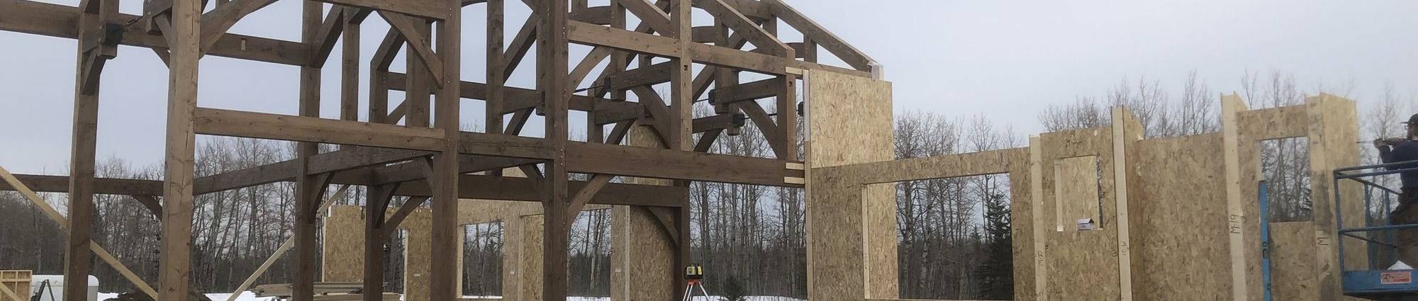 Large timber frame home under construction